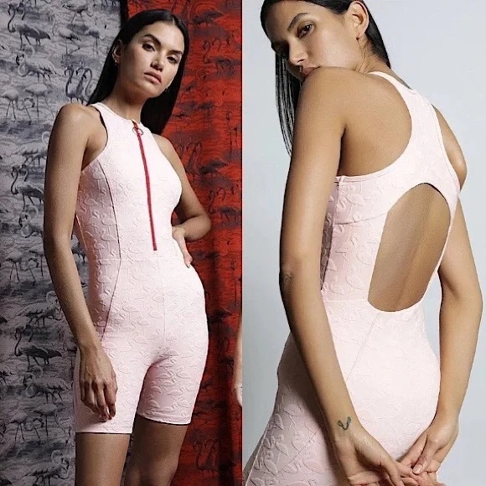 NEW Twenty Montreal Flamingo 3D Activewear Zip-Up Biker Jumpsuit Women's Size S